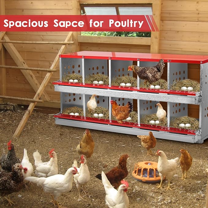 Chicken Nesting Box, 10 Compartment Metal Nesting Boxes for Chickens Laying Eggs, Rust Proofed Nest Box with Roll Away Egg Collection Laying Box for Chicken Coop Red
