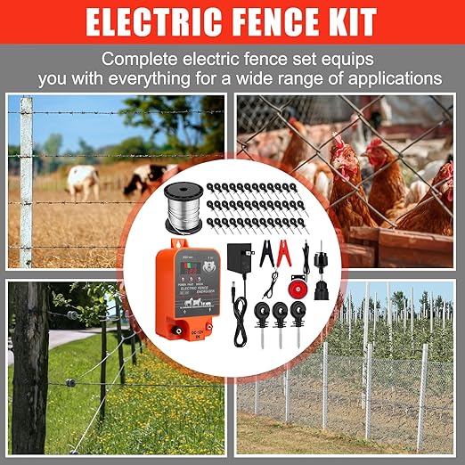 2.5j Electric Fence Charger with Digital Display & Alarm, Ac Dc 2 in 1 Power, 12v Input 8kv/12kv Output, 50 Black Electric Fence Insulator, 1 Socket Tool, 250ft Aluminum Wire Animal Control