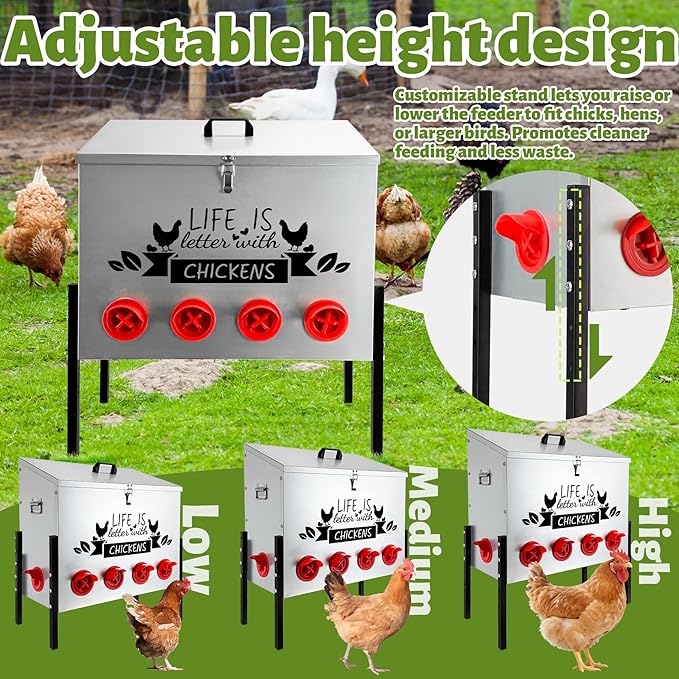 95LB Large Automatic Chicken Feeder Galvanized Metal Chicken Feeders with 10 Feeding Ports No Waste Outdoor Poultry Feeder with Adjustable Height Legs and Locking Lid for Chickens and Ducks