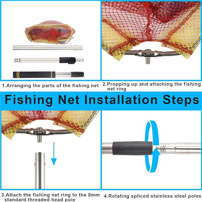 Fishing Landing Net, Fishing Net with Handle for Fishing with Splicing Extension Pole Handle Sturdy Stainless Steel Tubes Comfortable Sponge Handle, yellow