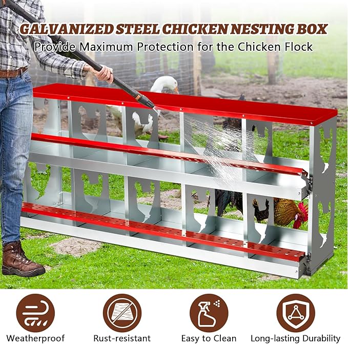 Chicken Nesting Box,Heavy Duty Metal Nest Boxes,10 Hole Roll Away Nesting Boxes,with Large Vented Holes,Wall-Mountable Chicken Coop Nesting Boxes,for Chickens,Ducks,Large Egg Boxes (Red 10 Hole)