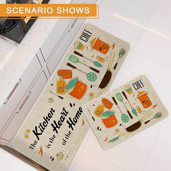 The Kitchen is The Heart of The Home Kitchen Mats Set of 2, Non-Slip Rubber Back Kitchen Rugs, Seasonal Holiday Cooking Sets Washable Floor Mat for Home Kitchen Decor - 17x29 and 17x47 Inch