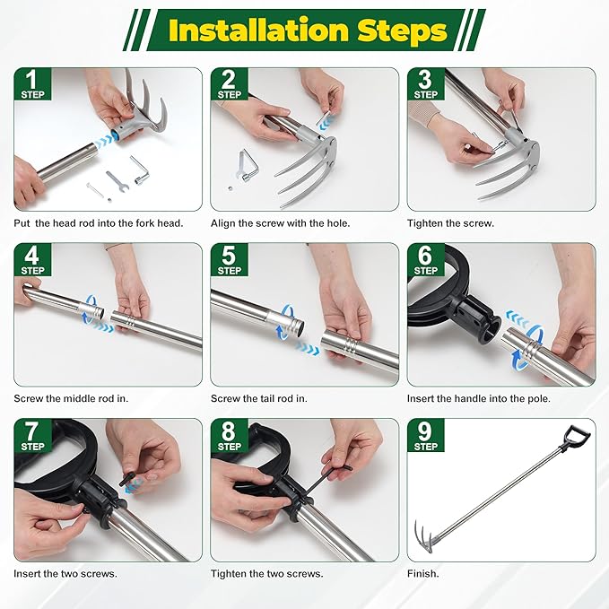 Manual Garden Rake Heavy Duty, Adjustable Handle 3 Tines Garden Cultivator Rake with D-Type Grip for Digging, Weeding, Loosening,Ergonomic Garden Tool