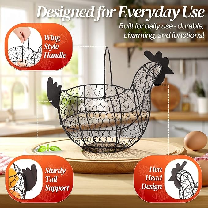 Flexzion Chicken Egg Basket for Collecting Eggs, Small Wire Egg Collecting Basket with Handle for Eggs, Fruits, Vegetables, Farmhouse Rustic Style Chicken Basket Decor for Kitchen Countertop, Black