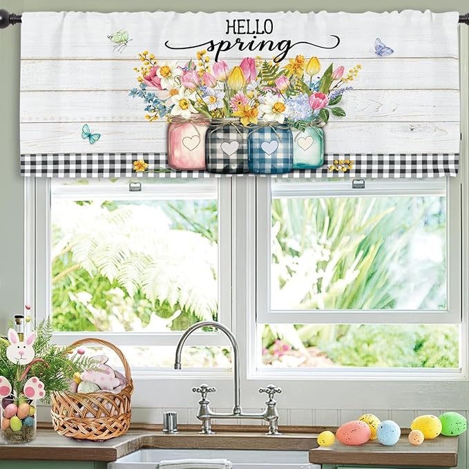 Miyotaa Hello Kitchen Curtain Valance 54W x 18H Rod Pocket Flower Rustic Farmhouse Plant Botanical Plaid Baffulo Window Treatment for Living Room Bedroom Bathroom Laundry