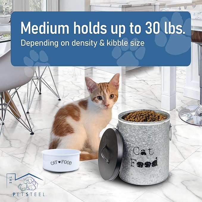 Medium Cat Up To 30lb Pet Food Storage Canister with Scoop – Durable & Airtight for Freshnesss, Minimalist Design & Recyclable, Huge Large Metal Container (Cat Bin - Medium Size)