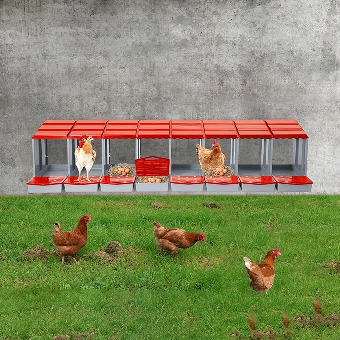 Chicken Nesting Boxes 8 Compartment PP Nesting Box with Inclined Nesting Boxes & Vented Holes Wall Mount Chicken Laying Boxes for Chicken Coop (Red)