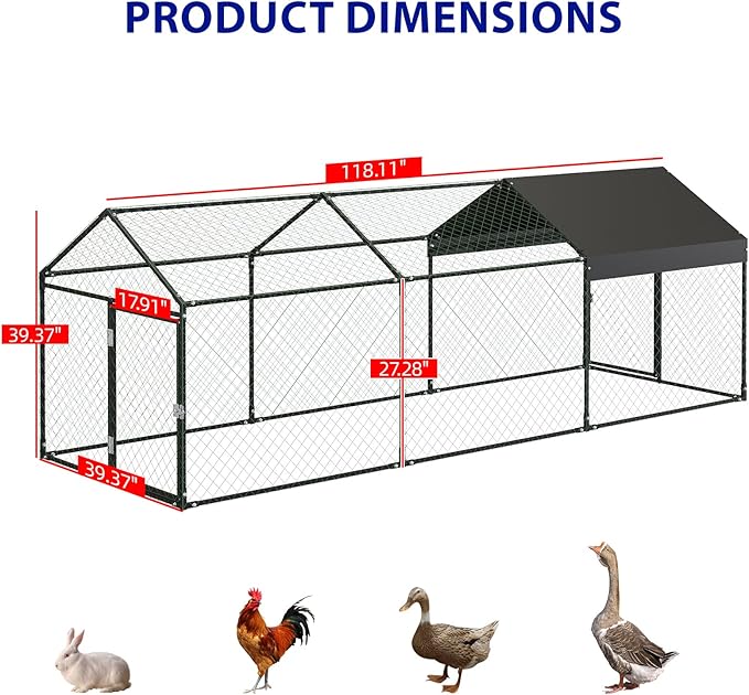 120"x40"x40" Large Walk-in Metal Chicken Coop with Waterproof Anti-UV Cover, Outdoor Chicken Run for Chickens, Ducks, Rabbits & Geese, Heavy-Duty Outdoor Enclosure, Black