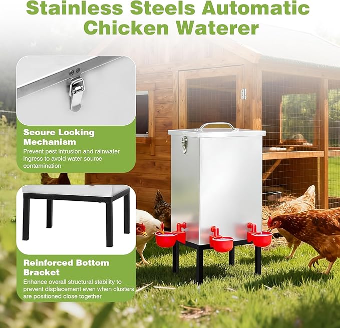 3 Gallons Chicken Waterer,Stainless Steels Automatic Chicken Waterer with Latch and Bottom Bracket，Poultry Watering 4 Water Cups Chicken Feeder Waterer and 4 Horizontal Automatic Chicken Nipples