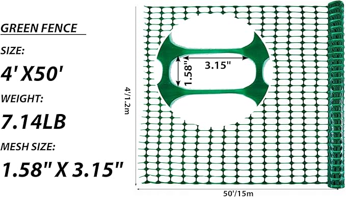 PotatoLife Plastic Mesh Fence Safety Fence, Extra Strength 4'x50' Roll with 100 Zip Ties, Resuable Temporary Netting for Garden Fencing, Construction, Snow Fencing, Animal Barrier, Poultry, Deer, Dog