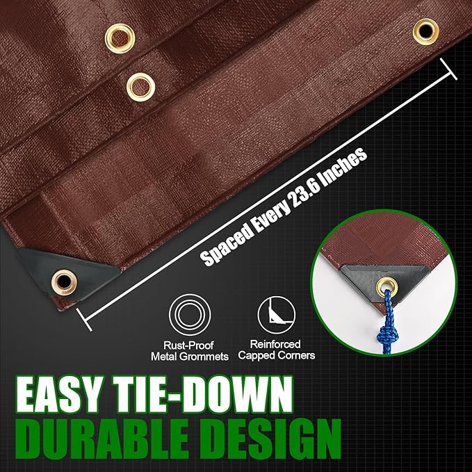 Sunvigor Tarp Waterproof 12x16Ft, Extra Thick 12 Mil Heavy Duty Tarp Cover, Tear & Fade Resistant, Outdoor Tarps with Brass Grommets and Reinforced Edges for Roof, Camping, Patio, Boat (Brown)