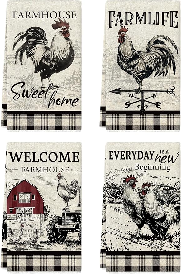 4 Pcs Vintage Kitchen Towels Decorative Set Chicken Rooster Dish Towels, Vintage Rustic Tea Cloth Decor, 27.5x20 Inch Farmhouse Absorbent Decoration Hand Towels (Farmhouse)
