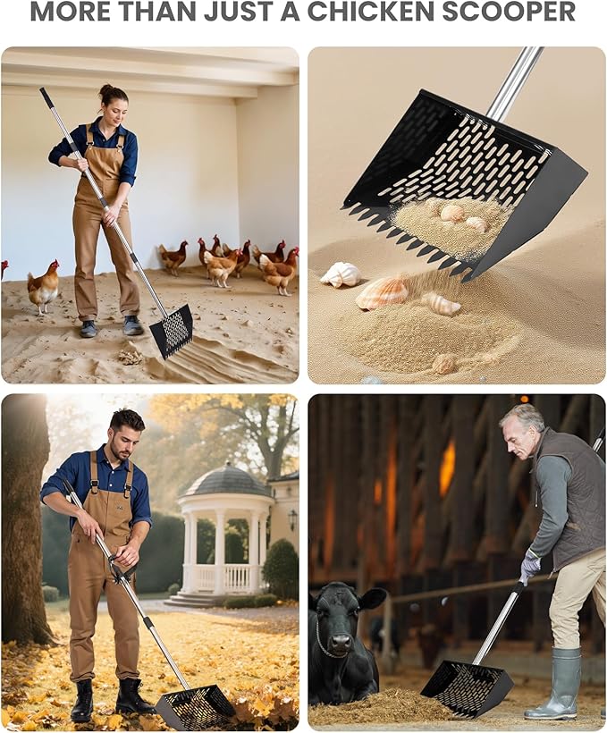Chicken Poop Scooper & Rake 2-in-1 with Ergonomic Grip, Adjustable Length (22"–61.5"), Metal Sifting Shovel with Holes for Chicken Coop Cleaning, Multifunctional Chicken Manure Scoop