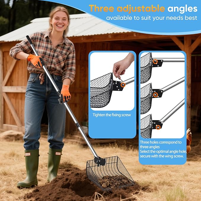 12inch Large Metal Chicken Poop Scooper for Sand with Ergonomic Grip, Adjustable Angle 2 in 1 Chicken Coop Scoop & Rake (39-66"), Stainless Steel Litter Sifting Shovel Chicken Coop Cleaning Tool, Farm