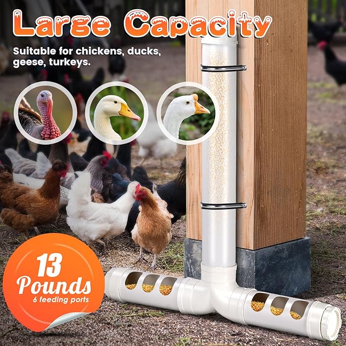 PVC Chicken Feeder No Waste 13lbs Automatic Poultry Chicken Coop Feeder 6 Feeding Port Gravity Poultry Feeding Trough for Ducks Turkeys Geese Quails Pigeon
