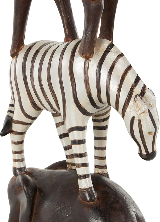 Deco 79 Polystone Safari Animals Decorative Sculpture Stacked Home Decor Statue with Round Base, Accent Figurine 6" x 4" x 21", Black