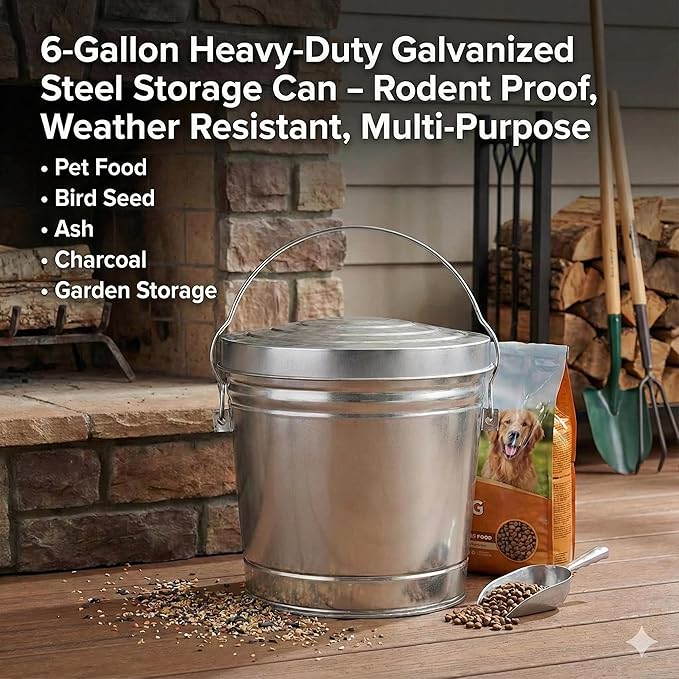 6-Gallon Galvanized Steel Storage Can with Lid, Heavy-Duty Metal Trash Can for Outdoor, Indoor Use, Pet Food Container, Bird Seed Storage, Ash Bucket, Rodent Proof, Ideal for Garage, Garden, Patio
