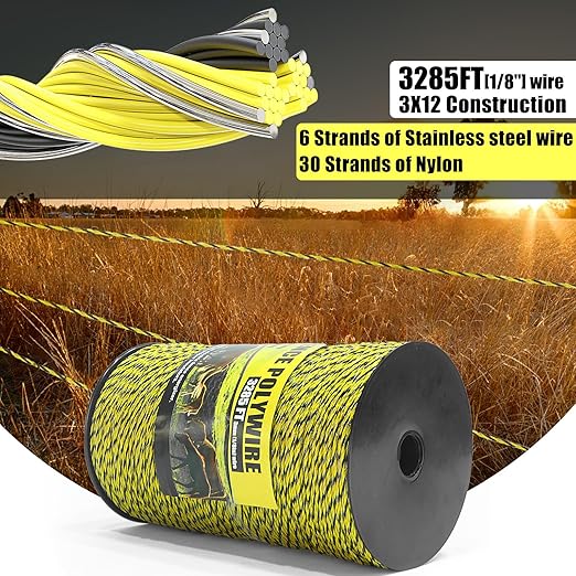Upgrade Electric Fence Polywire 3285FT,1000 Meters, 6 Stainless Steel Strands for Reliable Conductivity, Portable Electric Fencing, UV Resistant, Rust Resistant, Highly conductive, Easy to Install
