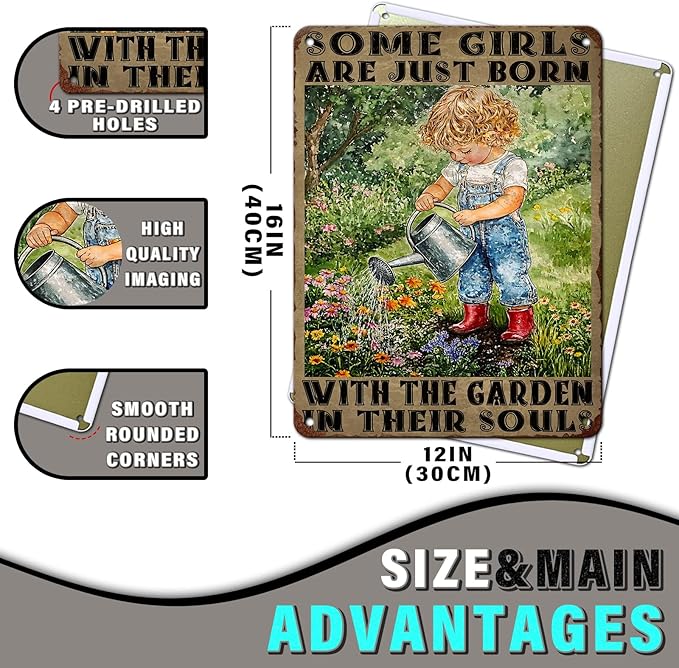 PEACHGARDEN Garden Vintage Tin Sign Little Girl Gardening Some Girls are Just Born with The Garden in Their SoulsMetal Tin Sign Retro Plaque Kitchen Poster Man cave 12x16inch