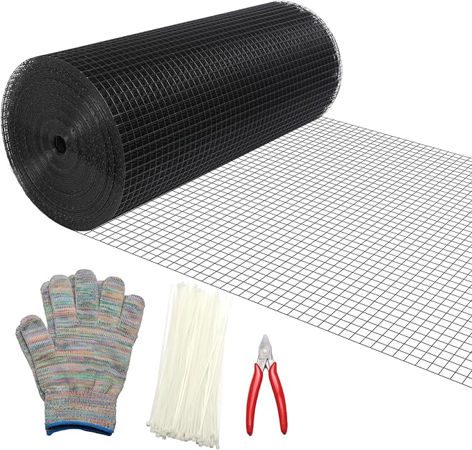 Black Hardware Cloth 1/2inch 24inx100ft, Chicken Wire Fencing, PVC Coated Metal Welded Wire Mesh Roll, for Rabbit Snake Groundhog Gopher Netting Cage Vegetable Garden Fence Animal Barrier