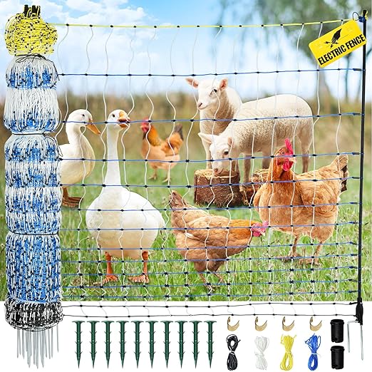 Electric Poultry Netting, 42" H x 164'L Electric Anti-Predator Poultry Fence, PE Net Fencing Kit with 14 Posts Double Spiked, Movable Livestock Nets for Chickens, Ducks, Geese, Sheep and Other Poultry