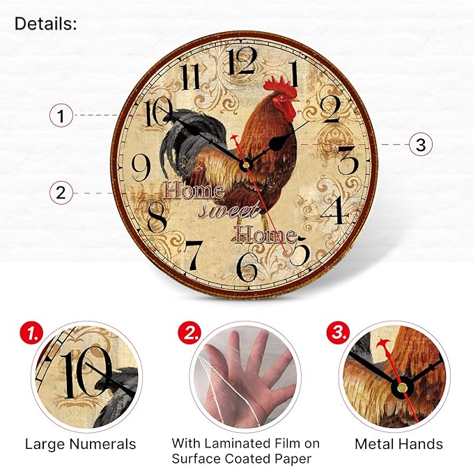 TAHEAT 14 Inch Rustic Rooster Wall Clock Retro Silent Non Ticking Easy to Read Clock, Battery Operated Decorative Wall Clocks for Kitchen/Living Room/Bedroom/Farmhouse Decoration