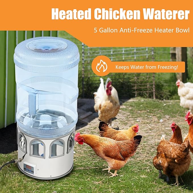 Chicken Water Heater, Heated Water Bowl for Chickens, Chicken Water Heater with 5 Gallon Bucket, All-Season Heated Poultry Waterer for Chickens and Ducks