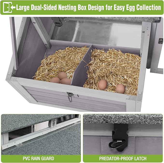 GUTINNEEN Large Foldable Chicken Coop Wooden with Nesting Boxes, Two-Tier Chicken House with Run, PVC-Covered Nest Box, Easy Clean Tray, Predator-Proof Outdoor Poultry Cage for 4–6 Chickens