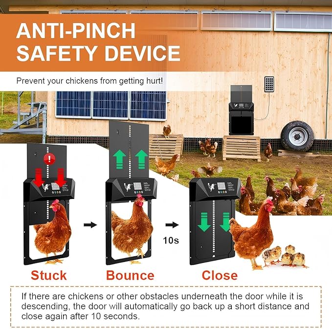 Large Size Automatic Chicken Coop Door Solar Powered,15.9"H x 12"L x 2.68"W,Aluminum Alloy Chicken Door with LCD Display,Timer & Light Sensor,4 Control Modes,Anti-Pinch Coop Door with Remote Control