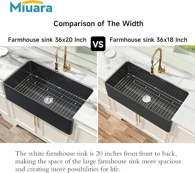 Miuara Black Farmhouse Sink 36 Inch - Extra Large Apron Front Undermount Kitchen Sink Reversible 36"x20"x10", Farm House Style Deep Single Bowl, Heavy Duty Solid Fireclay, Matte Black, for Kitchen