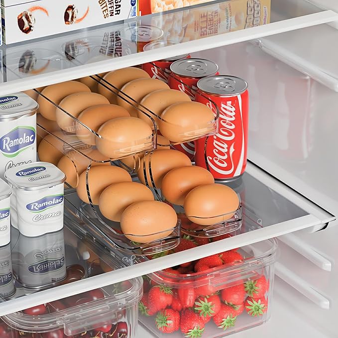 Sotfamily Egg Holder for Fridge, Auto Rolling Egg Storage Organizer for Refrigerator, Clear Space Saving Container, Dispenser - FIFO Egg Roller for Eggs 12 Count