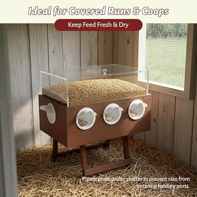 KOL No-Waste Chicken Feeder, 22LB Poultry Feeder with 6 Anti-Spill Ports, Clear-View HIPS & Acrylic Design, Foldable Stand for Hens and Chicks – Automatic Gravity-Flow Feeder