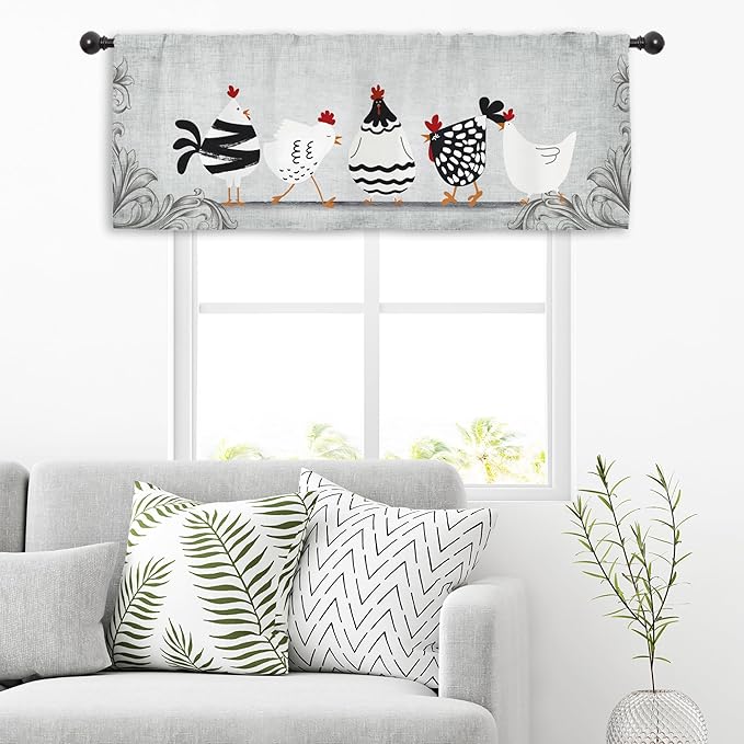 Miyotaa Rooster Chicken Kitchen Curtain Valance 54W x 18H Rod Pocket Vintage Farmhouse Rustic Retro Farm Country Rural Window Treatment for Living Room Bedroom Bathroom