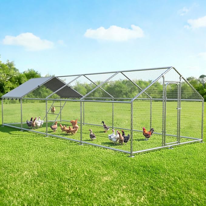 Large Metal Chicken Coop with Roosting Perch, Waterproof and UV Protection Cover, Chicken Run Outdoor Walk-in Cage Chicken Rabbit Duck Hen House for Yard Farm Use Spire Roof (10’ W x 26.2’ L x 6.4’ H)