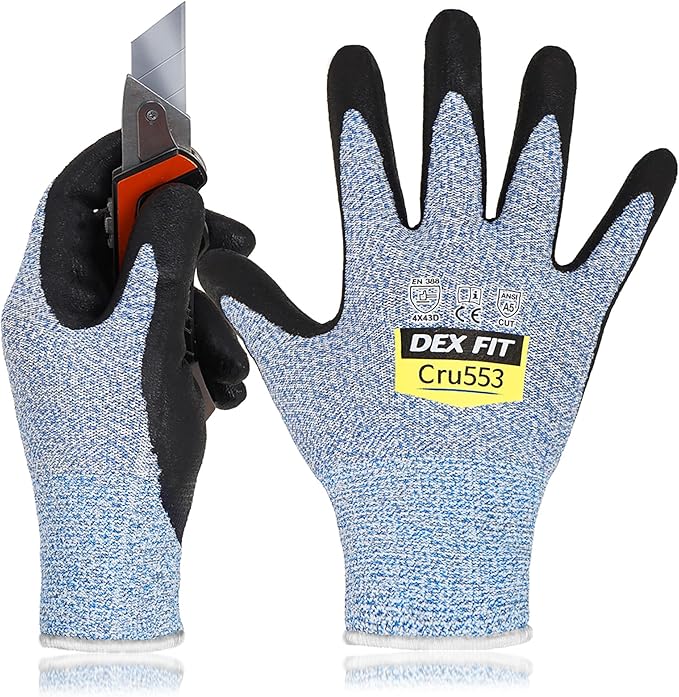 DEX FIT Level 5 Cut Resistant Gloves Cru553, 3D-Comfort Stretchy Fit, Power Grip, Professional Grade, Thin, Touch-Screen Compatible, Durable, Machine Washable; Blue S (7) 1 Pair