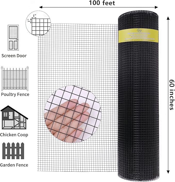 Hardware Cloth 1 inch 60in x 100ft 16 Gauge Black PVC Coated Welded Wire Fence Wire Mesh Roll Rabbit Wire Chicken Wire Fencing Gopher Wire Cloth Garden Fence Poultry Netting Rodent Wire