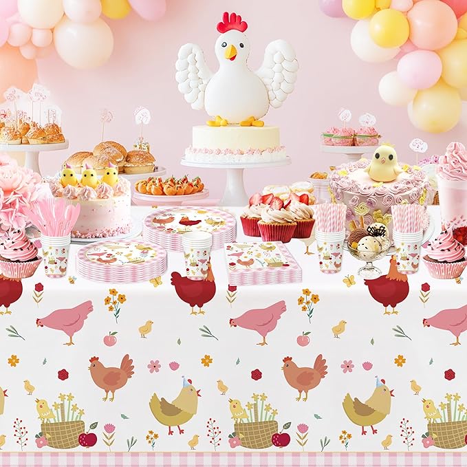 Chicken Party Decorations Tableware for Birthday Baby Shower, Farm Animal Barnyard Little Chick Birthday Party Supplies, Plate, Cup, Napkin, Straws, Disposable Cutlery, Tablecloth, 24 Guests