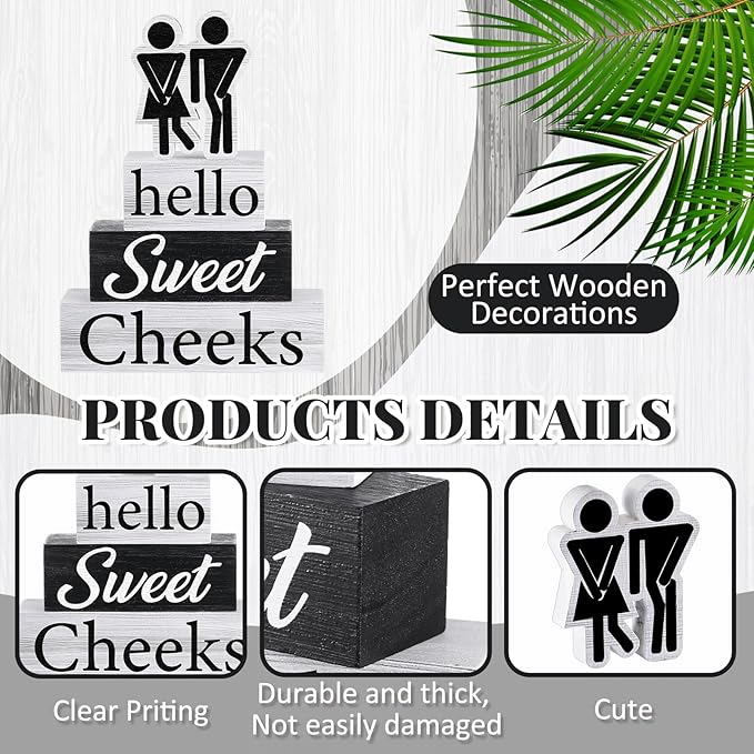 Jetec 4 Pcs Bathroom Shelf Decor Signs Hello Sweet Cheeks Wooden Sign Rustic Toilet Restroom Tabletop Decoration Funny Bathroom Decor for Farmhouse Apartment Shelves Toilet Restroom Home Tabletop Desk