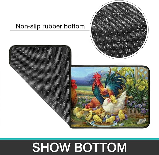 Rooster Kitchen Rug Decor 2 Pieces Set Farmhouse Style Kitchen Mat Washable Runner Rug Chicken Sunflower Decoration Indoor Floor Mat 17" x 47" + 17" x 30"