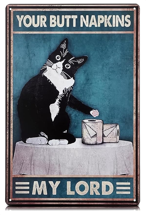 Funny Cat Bathroom Sign – “Your Napkin My Lord” 12 x 8 inch Tin Sign, Rustic Black Cat Wall Decor for Home, Farmhouse Bathroom Metal Plaque, Vintage Cat Wall Art for Toilet or Guest Bath