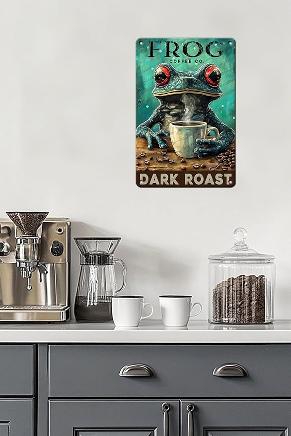 Coffee Themed Metal Tin Sign Frog Retro Wall Art Vintage Kitchen Decor Rustic Bar Cafe Tin Plaque Iron Painting 12x8 Inch