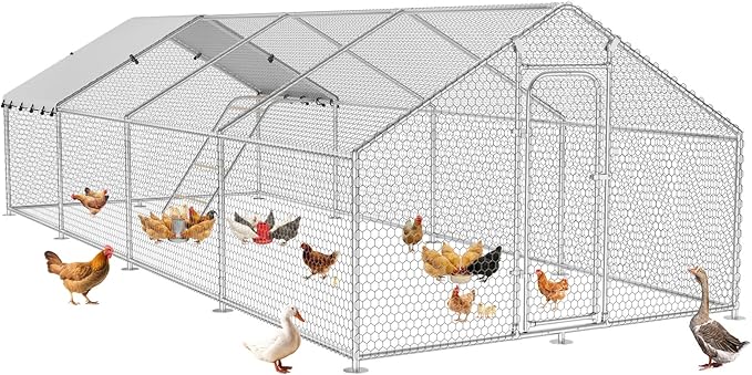 Large Metal Chicken Coop with Roosting Perch, Waterproof and UV Protection Cover, Chicken Run Outdoor Walk-in Cage Chicken Rabbit Duck Hen House for Yard Farm Use Spire Roof (10’ W x 26.2’ L x 6.4’ H)