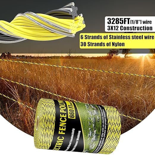 Upgrade Electric Fence Polywire 660FT,200 Meters, 6 Stainless Steel Strands for Reliable Conductivity, Portable Electric Fencing, UV Resistant, Rust Resistant, Highly Conductive, Easy to Install