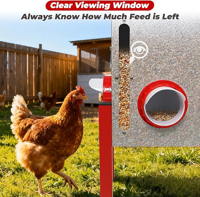 Automatic Chicken Feeder 50LBS Large Capacity, 8 Anti-Waste Ports Metal Poultry Feeder with Height Adjustable Stand, Waterproof Rodent Proof Feed Box with Lid Viewing Window for Hens Ducks Geese