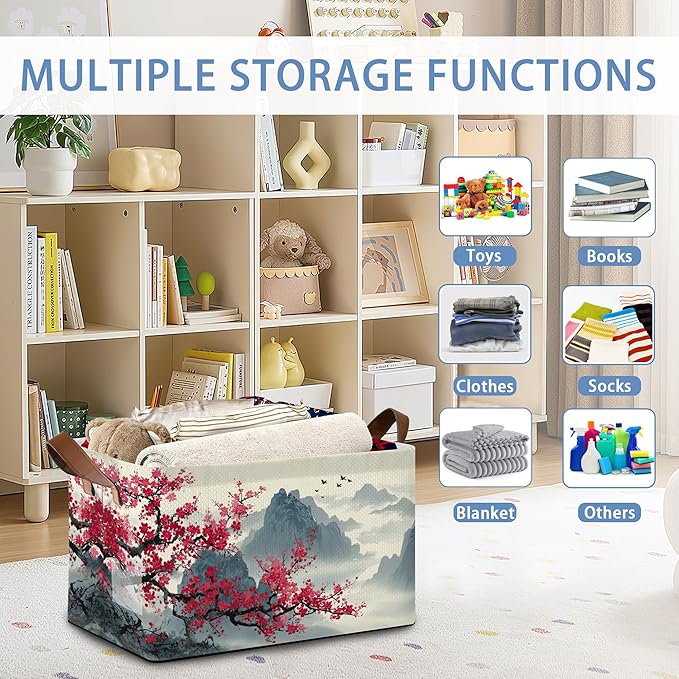 Cherry Blossom Collapsible Storage Box,Moutain Japan Organizer Bin with Handles for Room Decoration,Bins Book Basket Box 17x11.5x10Inch