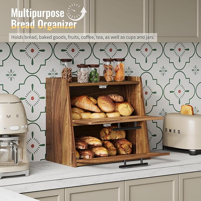 Bread Box for Kitchen Counter, Wooden Double Layer Bread Storage Container Bin,Bread Holde,Countertop Bread Storage with Window