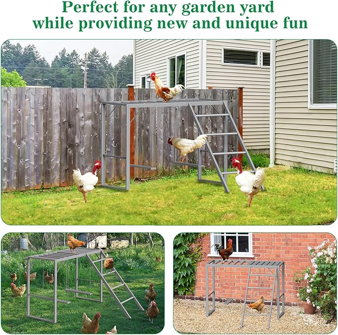 Chicken Perch Swing, Chicken Roosting Bars with Ladder for Coop, Metal Pet Swing Set for Pet's Healthy & Happy for 8-10 Chick, Grey