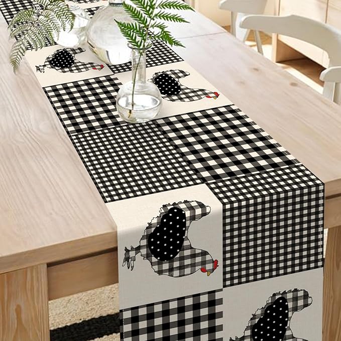 Seliem Farm Animal Chicken Hen Black White Buffalo Plaid Check Table Runner, Farmhouse Chick Home Kitchen Holiday Spring Summer Decor, Easter Rustic Burlap Dining Decoration Party Supply 13x108
