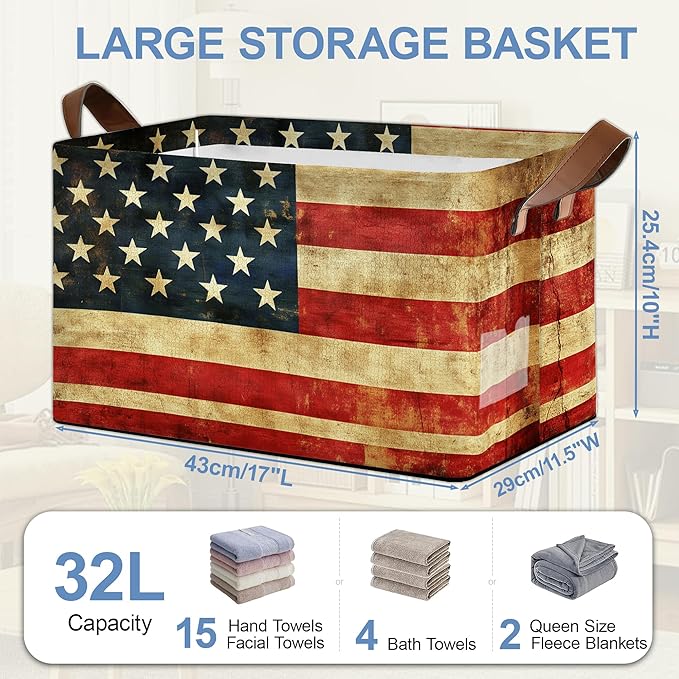 Vintage Flag Storage Baskets,Foldable Large Capacity Organizer Bins with Waterproof Lining and Leather Handles for Closet,Shelf,Bedroom 17x11.5x10Inch