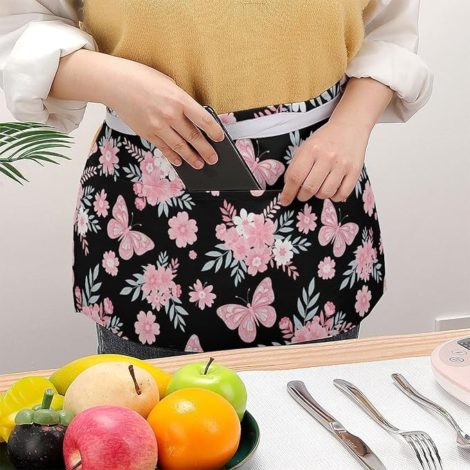 Server Apron with 3 Pockets Waist Waiter Waitress Half Apron Short Aprons